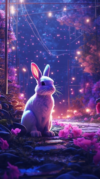 Un lapin dans un jardin avec des lumières