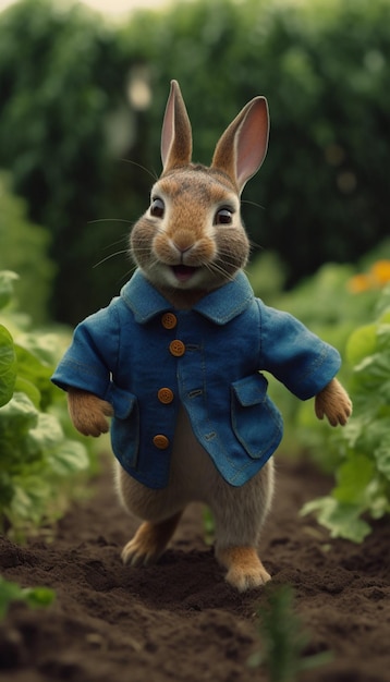 Un lapin dans un jardin avec une veste bleue
