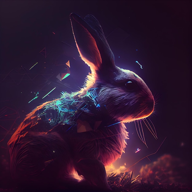 Lapin dans la nuit avec des lumières colorées rendu 3d