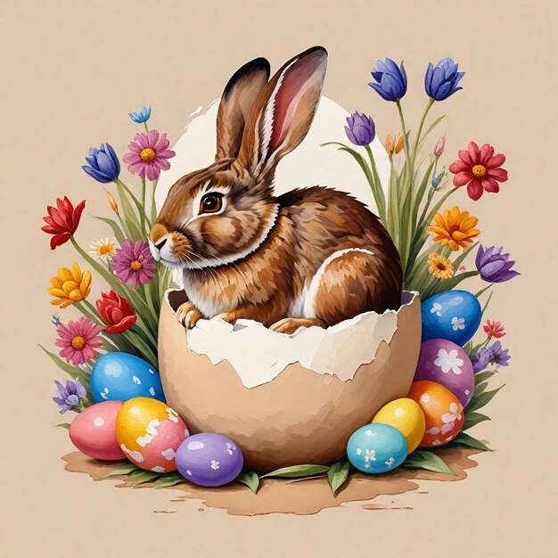 un lapin dans un œuf avec des œufs et des fleurs