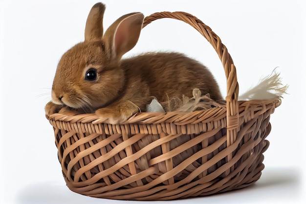 Un lapin dans un panier sur un fond blanc Lapin avec un fond blanc joyeuses pâques