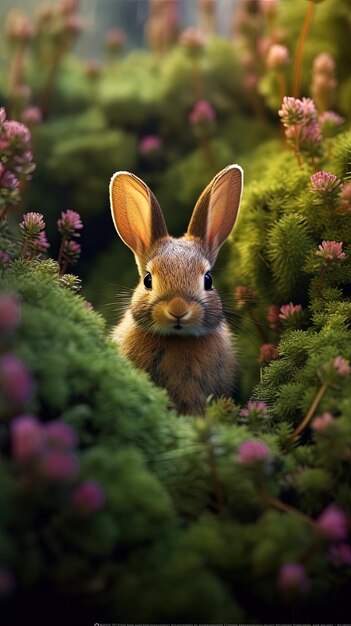 un lapin dans un parterre de fleurs