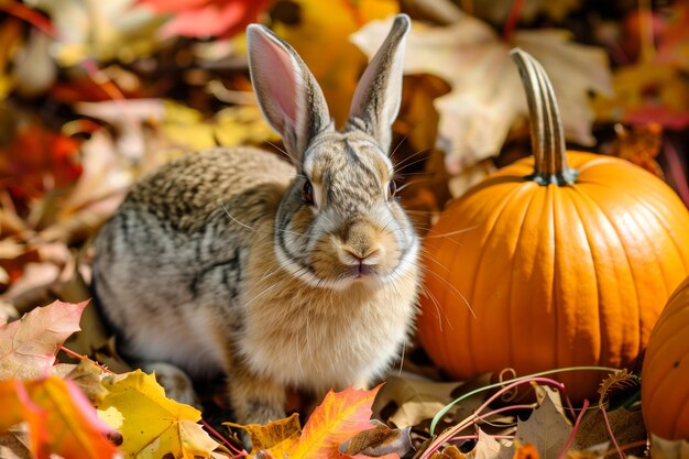 Un lapin dans de petites nuances au milieu des feuilles d'automne et des citrouilles