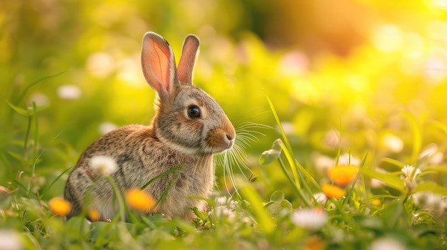 Le lapin dans la prairie avec des fleurs à faible profondeur de champ