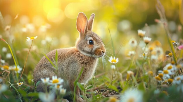 Le lapin dans la prairie avec des fleurs à faible profondeur de champ