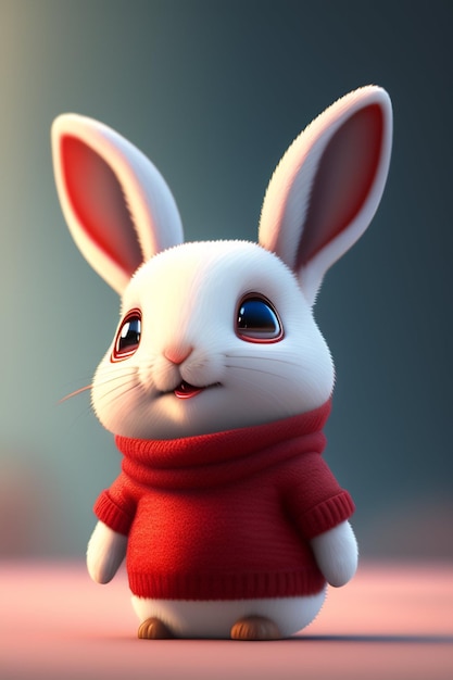 Un lapin dans un pull rouge aux yeux bleus.