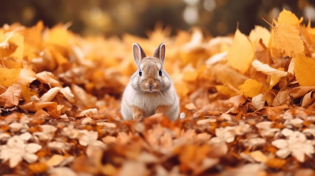 Un lapin dans un tas de feuilles d'automne