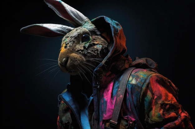 Un lapin dans une veste peinte sur fond sombre dans le style de thèmes postapocalyptiques Costumes colorés IA générative
