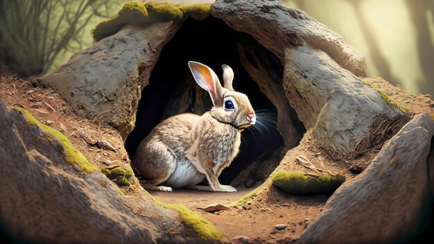 Un lapin dans un vieux trou de grotte dans la forêt.