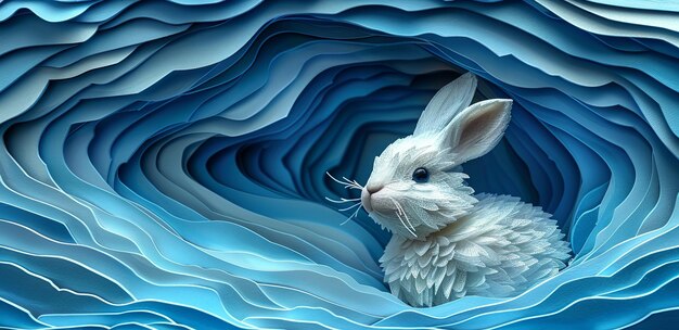 un lapin découpé pour Pâques dans le style du cyan clair et du bleu foncé conception de page innovante en couches formes organiques sculpture organique IA générative