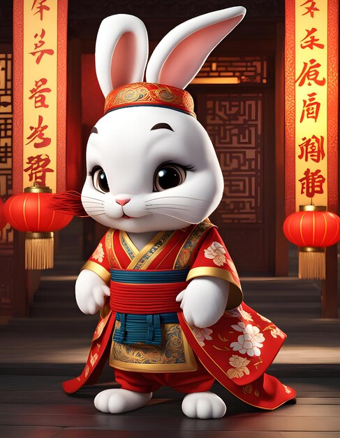 Photo un lapin de dessin animé avec un arc rouge et une écriture chinoise dessus