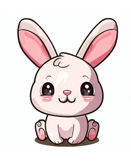 Un lapin de dessin animé aux yeux roses est assis sur un fond blanc.