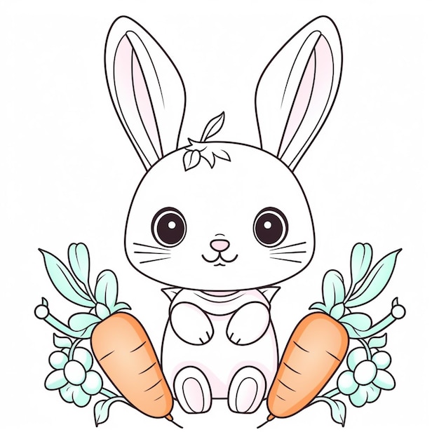 Un lapin de dessin animé avec des carottes et des feuilles sur un fond blanc