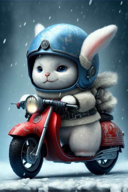 Lapin de dessin animé chevauchant un scooter dans la neige ai générative