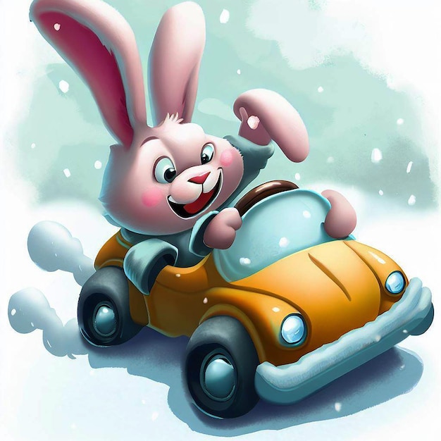 Photo un lapin de dessin animé conduisant une voiture de jouet dans la neige