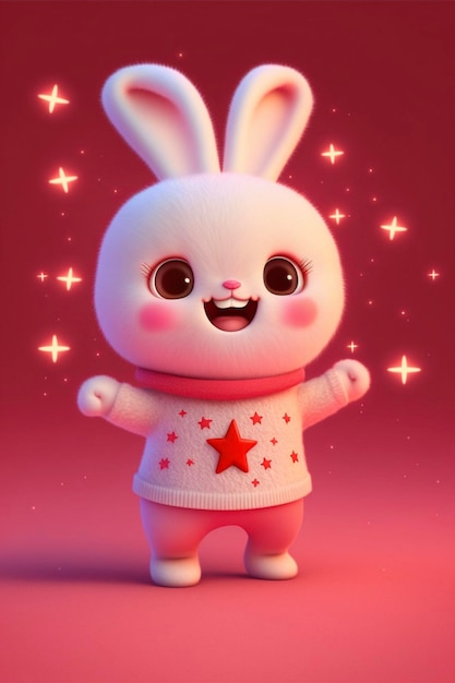 Lapin de dessin animé avec des étoiles sur un fond rose ai génératif