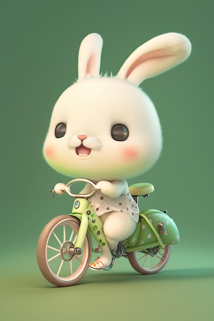 Lapin de dessin animé faisant du vélo sur un fond vert générative ai