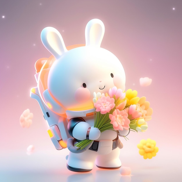 lapin de dessin animé avec des fleurs dans ses mains et un pistolet dans sa main ai générative