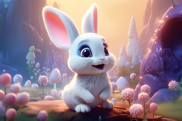 Photo un lapin de dessin animé mignon et adorable dans un décor fantastique et surréaliste.