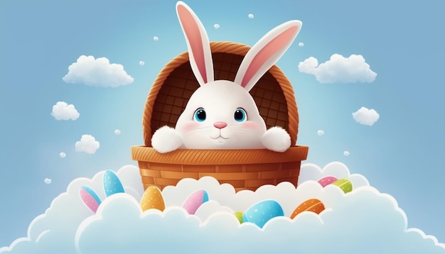 lapin de dessin animé mignon assis dans un panier avec des oeufs de pâques aussi une belle vue sur le ciel