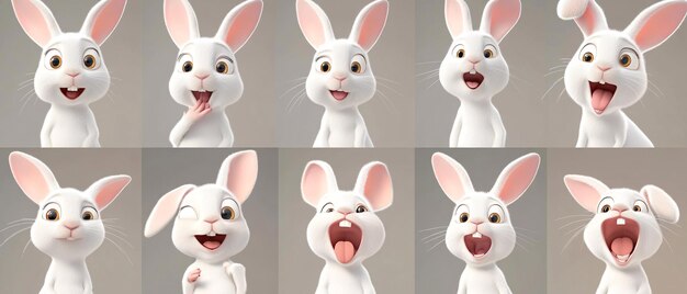 Lapin de dessin animé mignon avec différentes expressions pour l'animation et la conception