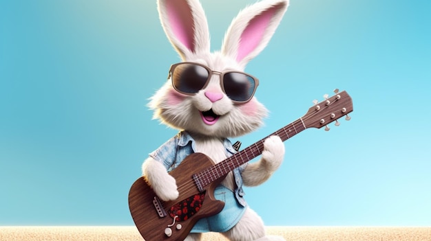 Lapin de dessin animé mignon avec des lunettes de soleil et une guitare AI générative