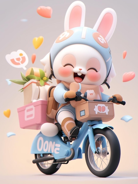 Un lapin de dessin animé sur une moto avec un tas de cadeaux sur le dos