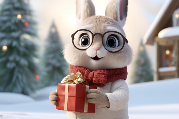 Photo un lapin de dessin animé portant des lunettes tout en tenant un cadeau