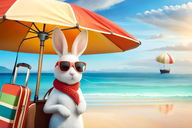 Un lapin de dessin animé porte des lunettes de soleil et un foulard rouge.