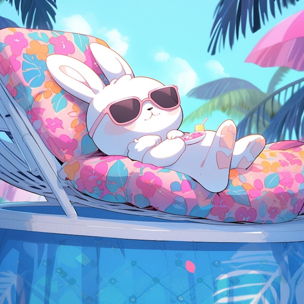 lapin de dessin animé posé sur une chaise avec des lunettes de soleil dans une piscine ai générative