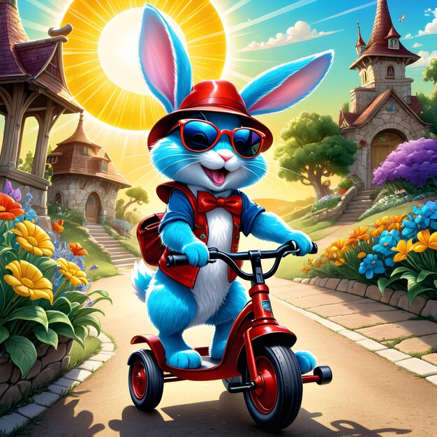 un lapin de dessin animé sur un scooter avec un soleil en arrière-plan