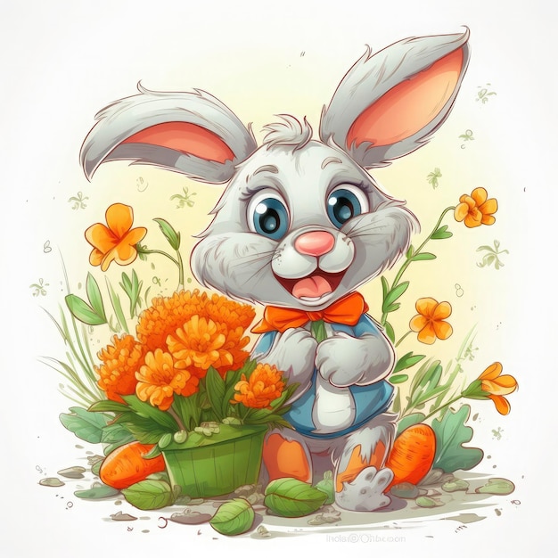 Un lapin de dessin animé super mignon moelleux sautant coloré avec de grands yeux et un sourire charmant tenant une carotte entourée de fleurs lors d'une journée ensoleillée style dessin animé ai