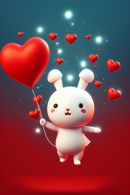 Lapin de dessin animé tenant un ballon en forme de coeur ai génératif