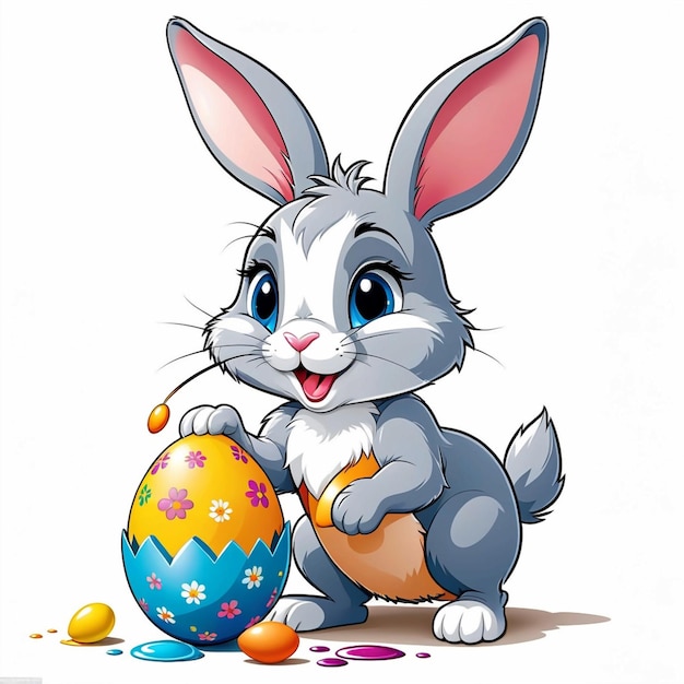 Un lapin de dessin animé vectoriel peignant un œuf de Pâques