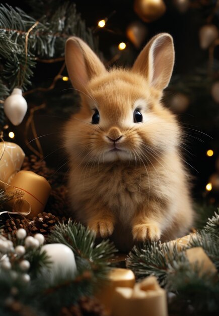 Lapin devant le sapin de Noël