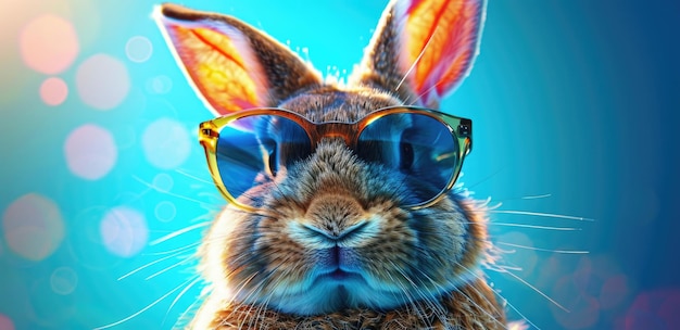 Un lapin DJ cool avec des lunettes de soleil dans une lumière néon colorée un design de Pâques drôle