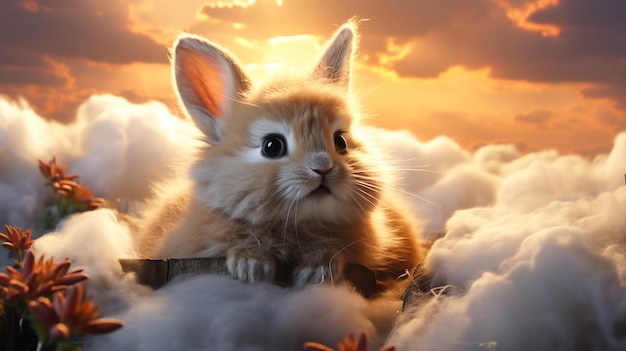 Photo lapin dormant sur un nuage au lever du soleil