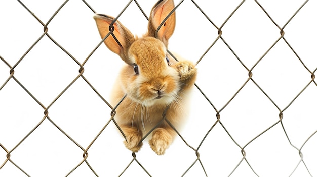 Le lapin drôle accroché à une clôture isolé sur le blanc Le lapin adorable du lapin de Pâques