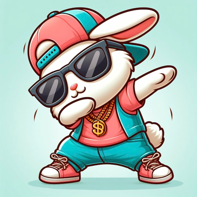 Photo un lapin drôle portant des vêtements colorés et des lunettes de soleil dansant sur le fond pastel