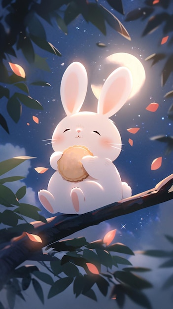 lapin du festival de la mi-automne mangeant des gâteaux de lune sur une branche et admirant l'illustration de la lune