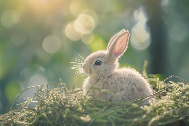 Le lapin du printemps dans la verdure ensoleillée de Bokeh