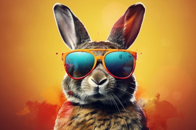 Lapin élégant avec des lunettes de soleil sur fond coloré IA générative