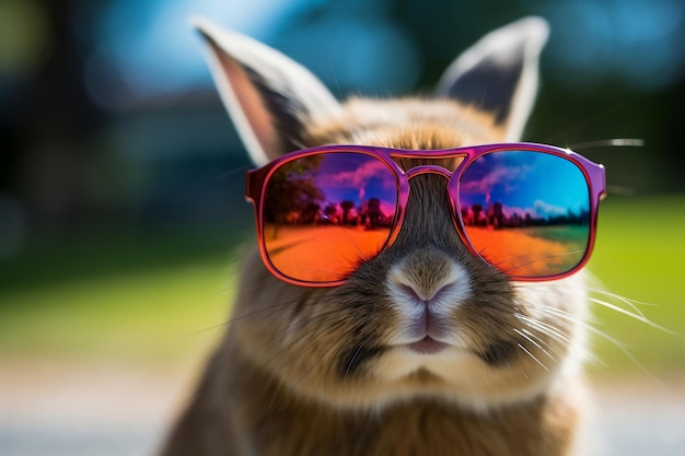 Un lapin élégant portant des lunettes de soleil dans un décor coloré et vibrant Generative Ai