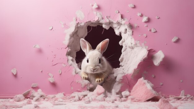 Un lapin émergeant à travers un trou dans un mur rose concept de destruction créative avec de l'espace pour le texte