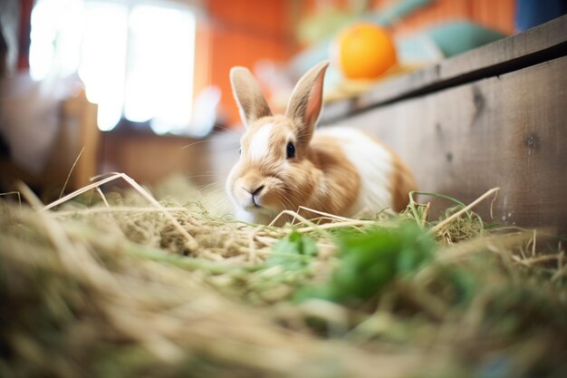 Photo un lapin entouré de foin frais dans une cage