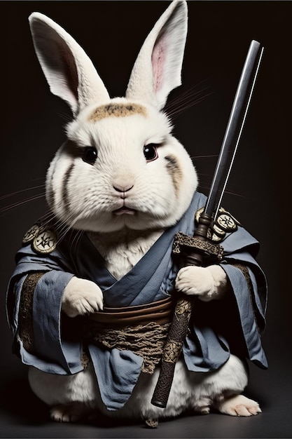 Un lapin avec une épée à la main tient une épée.