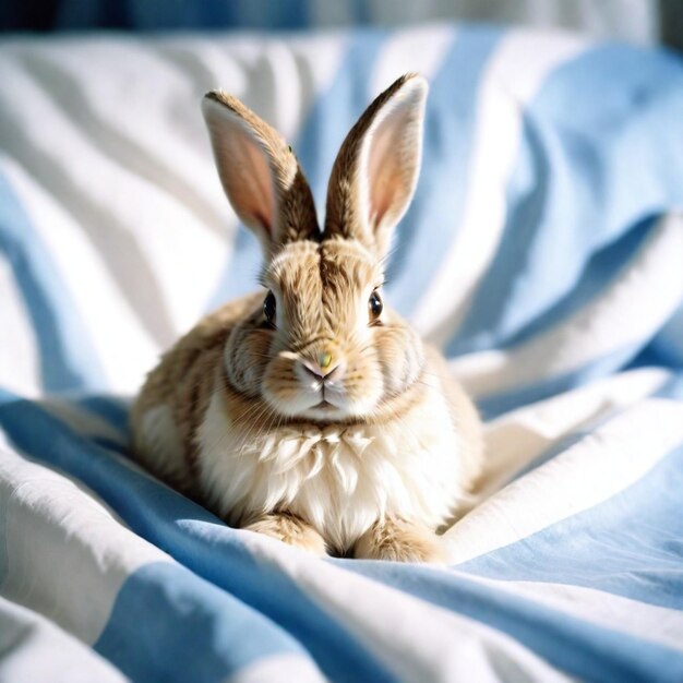 Photo un lapin est allongé sur un lit avec une couverture à rayures bleues et blanches