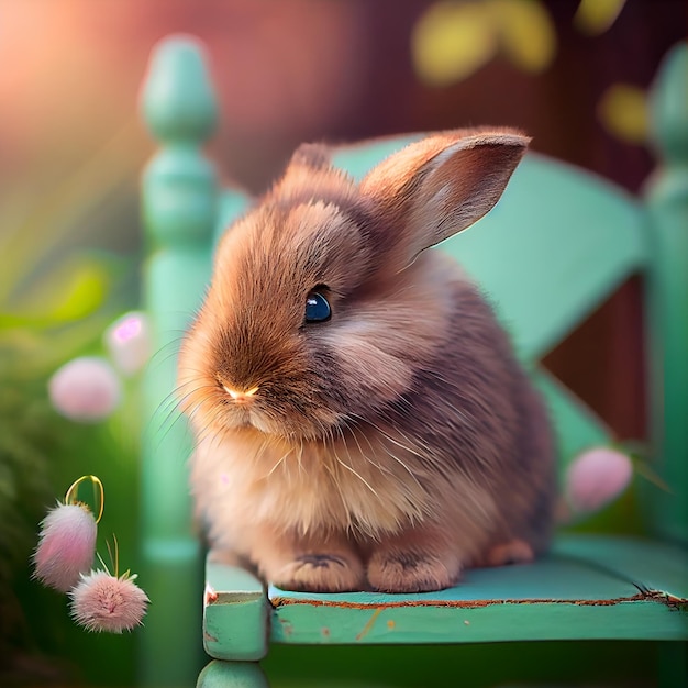 Un lapin est assis sur une chaise verte dans un jardin Fleurs de printemps bokeh lights background Génératif