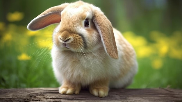 Un lapin est assis sur une clôture en bois dans le jardin.