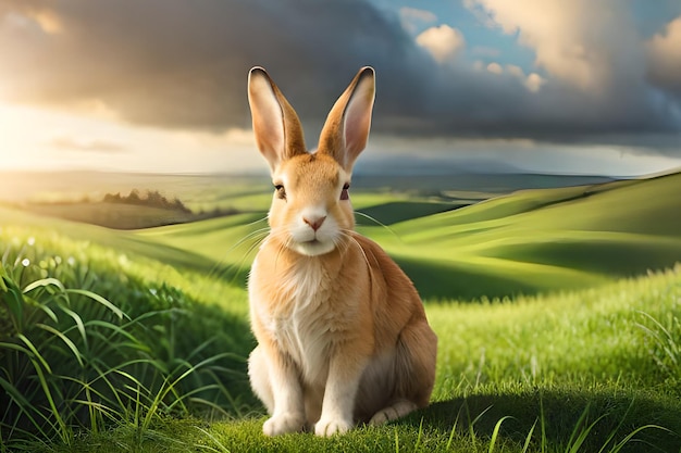 Un lapin est assis dans un champ avec un ciel nuageux en arrière-plan.